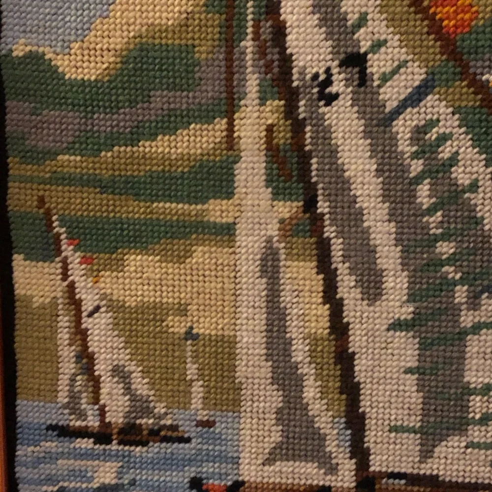 Handcrafted Sailboat Needlepoint Wall Art in Blue and Cream GORGEOUS